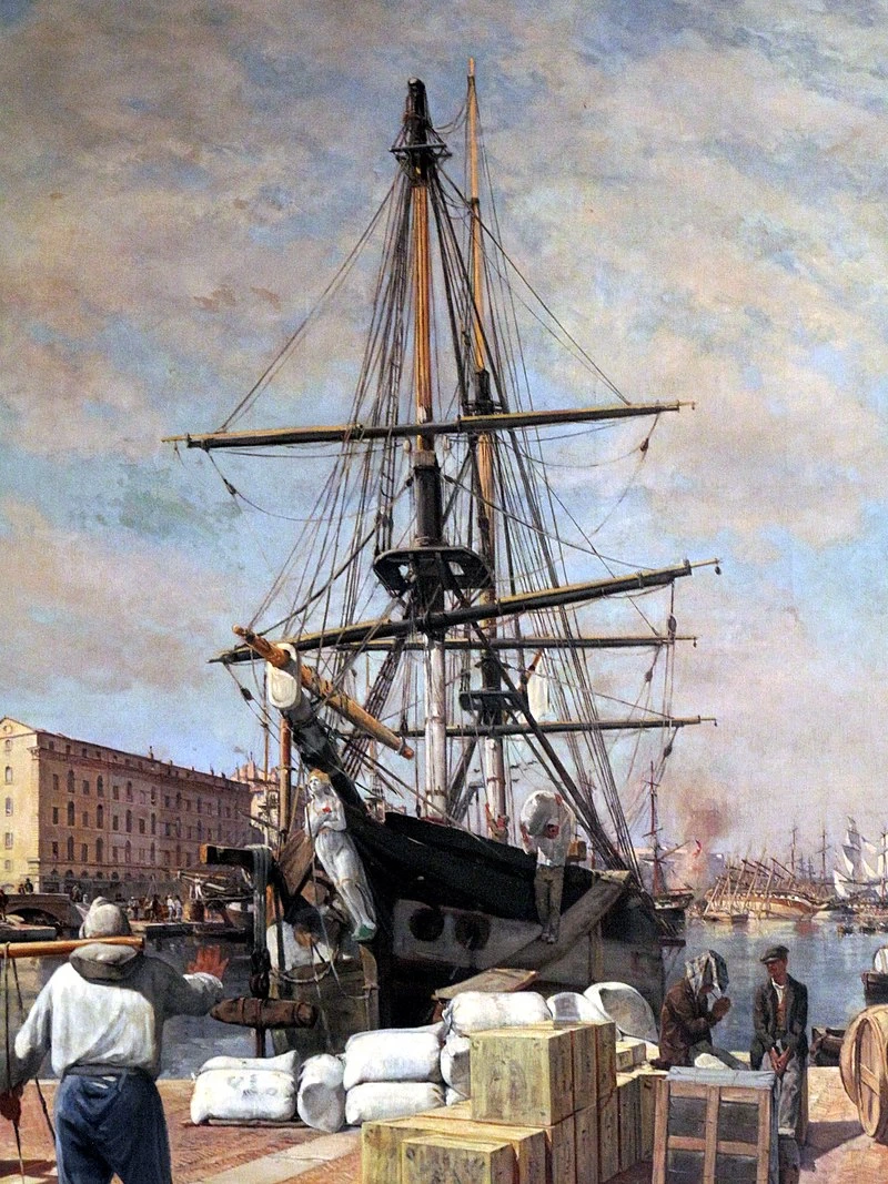  43-Alphonse Moutte-Scarico di un brigantino a Marsiglia-dettaglio 